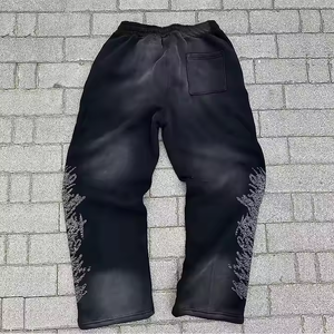 Pantalon de survêtement évasé personnalisé délavé à l'acide pour hommes 100% coton vieilli Style vintage Rhinestone Logo Straight Fit Casual Pants - Product Image 4
