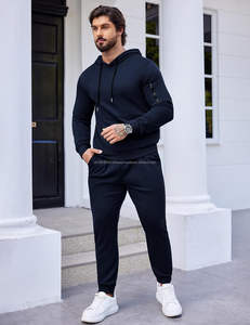 Conjunto Deportivo de Lujo para Hombre, 380GSM, Felpa Cepillada, Sudadera con Capucha y Cremallera Completa, Pantalones Jogger, Diseño en Bloques de Color Blanco y Negro, Logotipo Bordado - Product Image 6