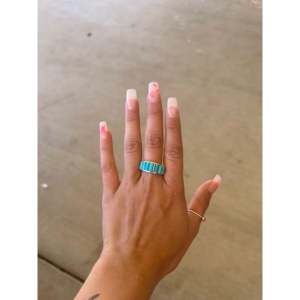 Allen Lee Kingman Dainty <b>Statement</b> <b>Ring</b> Turquoise Sterling <b>Silver</b> Inlay Smooth Cut Platinum Rhodium Size 9.5 Everyday Wear - Product Image 2