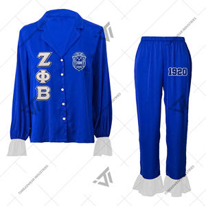 Custom Zeta Phi Beta Sorority Clothing Chenille Embroidered Ruffed Pyjama Sleepwear <b>Set</b> Loungewear PJ Greek Paraphernalia - Product Image 1