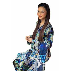 Conjunto de traje Khaddar azul de 3 piezas sin coser con estampado para mujer - Product Image 1