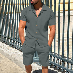 High Street Tenue décontractée pour hommes Vêtements d'été en gros-Ensemble chemise et short boutonné doux et extensible Coupe ample - Product Image 4