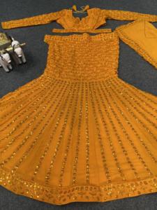 Élégant Satin Soie Lehenga Choli À La Mode Indien Pakistanais Broderie Paillettes Travail Faux Georgette - Product Image 3