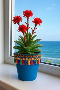 Maceta Decorativa de Plástico para Jardín NF Lauren Pot, Estilo Boho, Decorada a Mano, Maceta de Escritorio con Borlas Azules y Flores - Product Image 4