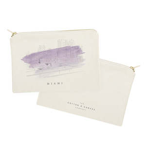 Sac cosmétique en toile de coton moderne et écologique avec motif paysage urbain de Miami, organiseur de maquillage portable avec fermeture éclair, logo personnalisable - Product Image 2