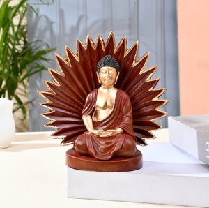 Statue de bouddha en résine rouge et or avec toile de fond Sunburst pour cadeau de décoration de bureau à domicile de méditation ou pièce maîtresse de fête - Product Image 2