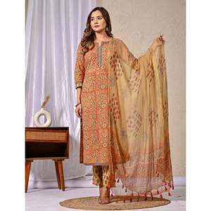 Orange Jaal Hand Drawn <b>Block</b> <b>Printed</b> Cotton Kurta Pant Set Heavy Net Indian Pakistani for Daily Wear Parties Ethnic Occasions - Product Image 5
