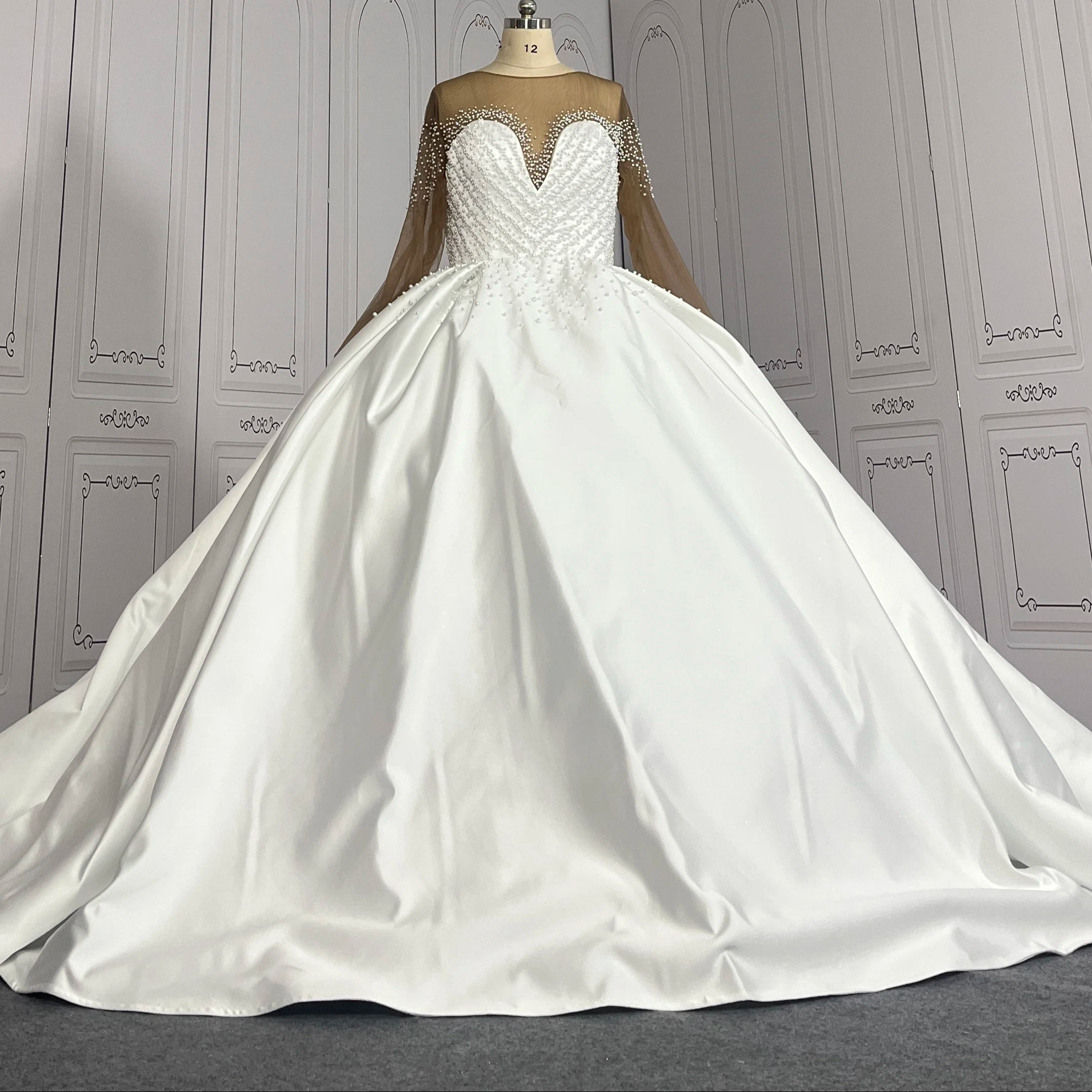 Mumuleo Pretty Women Plus BIG Size Nigeria African Long Sleeves Bling  Pearls Robe De Mariage Satin Wedding Dress Bridal Gown