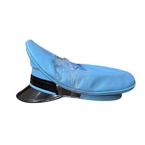 This is a pale blue real leather biker, arm, muir, <b>gay</b> cap with a black shiny peak and belt detailing - Product Image 5