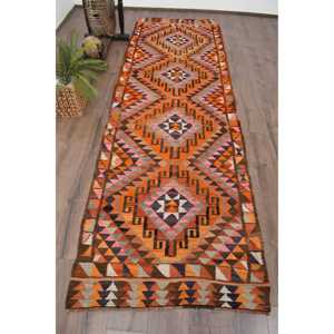พรมวินเทจ ขนาด 3.3x10.3 ฟุต พรมตุรกี สีส้มน้ำตาลไล่เฉด พรมขนสัตว์ - Product Image 1