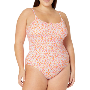 Traje de baño de una pieza para mujer, con ribete de encaje, cuello redondo, corte alto, talla grande, de spandex/poliéster - Product Image 1