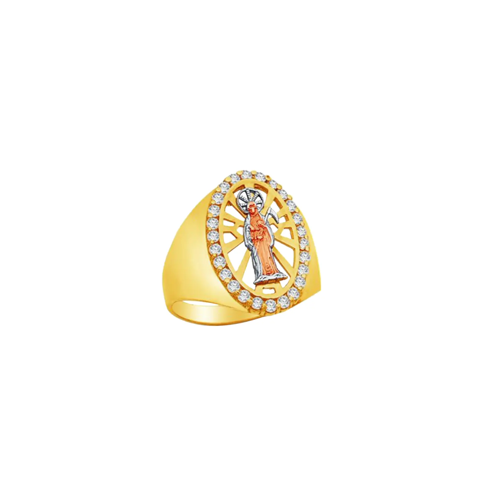 Fashion Three Tone Plated CZ Studded Santa Muerte Ring Designer Non Tarnish Jewelry for Women Men