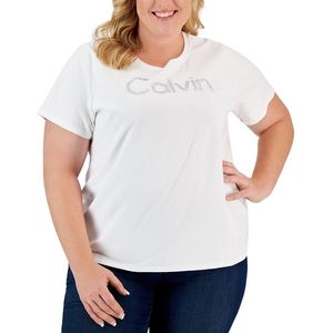 เสื้อยืดแขนสั้นผู้หญิง Calvin Klein ตกแต่งโลโก้ ผ้าเจอร์ซีย์สีขาว ไซส์พลัส ประดับด้วยลูกปัด - Product Image 1