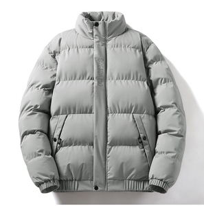 Men's <b>White</b> Stand Collar <b>Puffer</b> <b>Jacket</b> Windproof Thick Polyester Casual Zipper Closure Regular Length Solid Color - Product Image 1