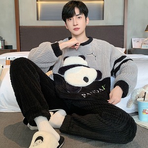 Pyjamas d'automne et d'hiver en gros d'inventaire d'usine, ensembles de vêtements de maison de grande taille en molleton de corail <span class=keywords><strong>chaud</strong></span> pour hommes - Product Image 2