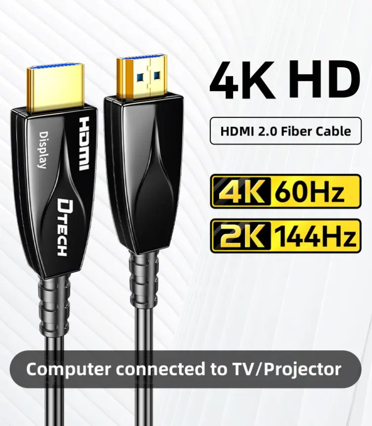 DTECH kabel serat optik HDMI, kabel komputer Tipe A ke YUV444 ARC Audio 4k AOC V2.0 50m