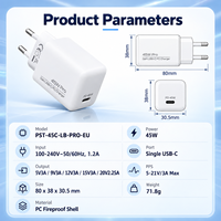 Chargeur mural compact 45W GaN Mini USB-C PD à charge rapide avec prise EU pour téléphones et tablettes, avec coque en PC ignifuge