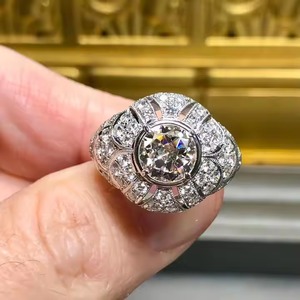 14K oro blanco Deco antiguo europeo festoneado cóctel anillo 2CT Lab Grown Diamond Dome compromiso corte bisel ajuste para boda - Product Image 4