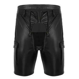 Short de boîte de nuit en simili cuir pour hommes High Street Wetlook Moto Front Zipper Pouch Sexy Carpenter Jockstraps Poches Taille Solide - Product Image 2