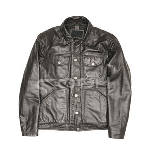 Veste en cuir noire pour homme, style streetwear, avec col rabattable - Product Image 1