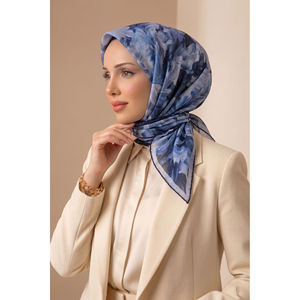 <b>Navy</b> Blue Floral Pattern Silk Square Scarf 90x90 cm for Women - Product Image 1