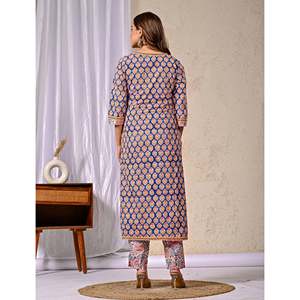 Blue <b>Block</b> <b>Printed</b> Anarkali Kurta Pant Set Indian Ethnic Style with Embroidery Work for Party Wear Made From Net Cotton - Product Image 3
