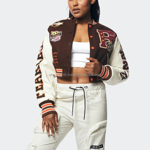 Custom Cropped Varsity <b>Jacket</b> for Women Brown and White Legendary Fearless Patch Design Streetwear OEM - Product Image 3