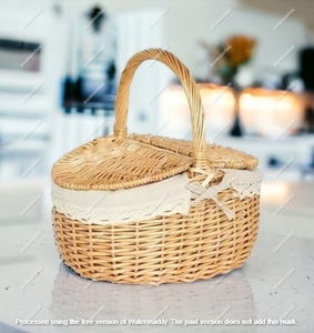 Rattan Picnic <b>Basket</b> Hamper Shopping Vintage <b>Basket</b> <b>with</b> <b>Lid</b> and Handle Camping for Shopping - Product Image 5