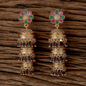 Superbe collection exclusive de boucles d'oreilles Triple Jhumki antiques plaquées or au design impeccable - Product Image 6