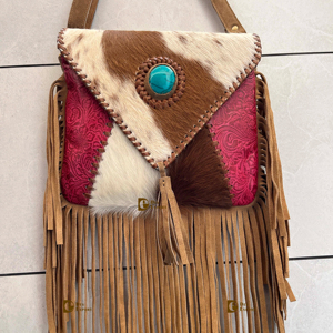 Stylish Cowhide Fur Crossbody Handbag Tooled Leather Fringe Handmade Hair Hide Leather Lightweight <b>Women's</b> Sling Purse 1-1.9L - Product Image 1
