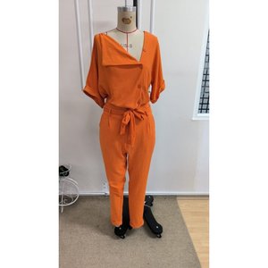 Women's Short Sleeve Collared Front Buttoned Crinkle Blouse and <b>Trousers</b> Two-Piece Set, 34914 - Orange - Product Image 4