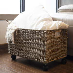 Tissé à la main écologique naturel jonc de mer roulant paniers de stockage sur roues avec poignées organisation de la maison du Vietnam - Product Image 4