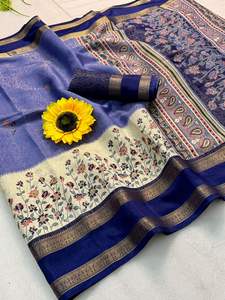 Sari de Seda Kanjivaram para Mujer, Rico en Motivos de Pavo Real con Cintas Doradas, Tejido Kalamkari con Borde Hamsa, Hecho en India - Product Image 5