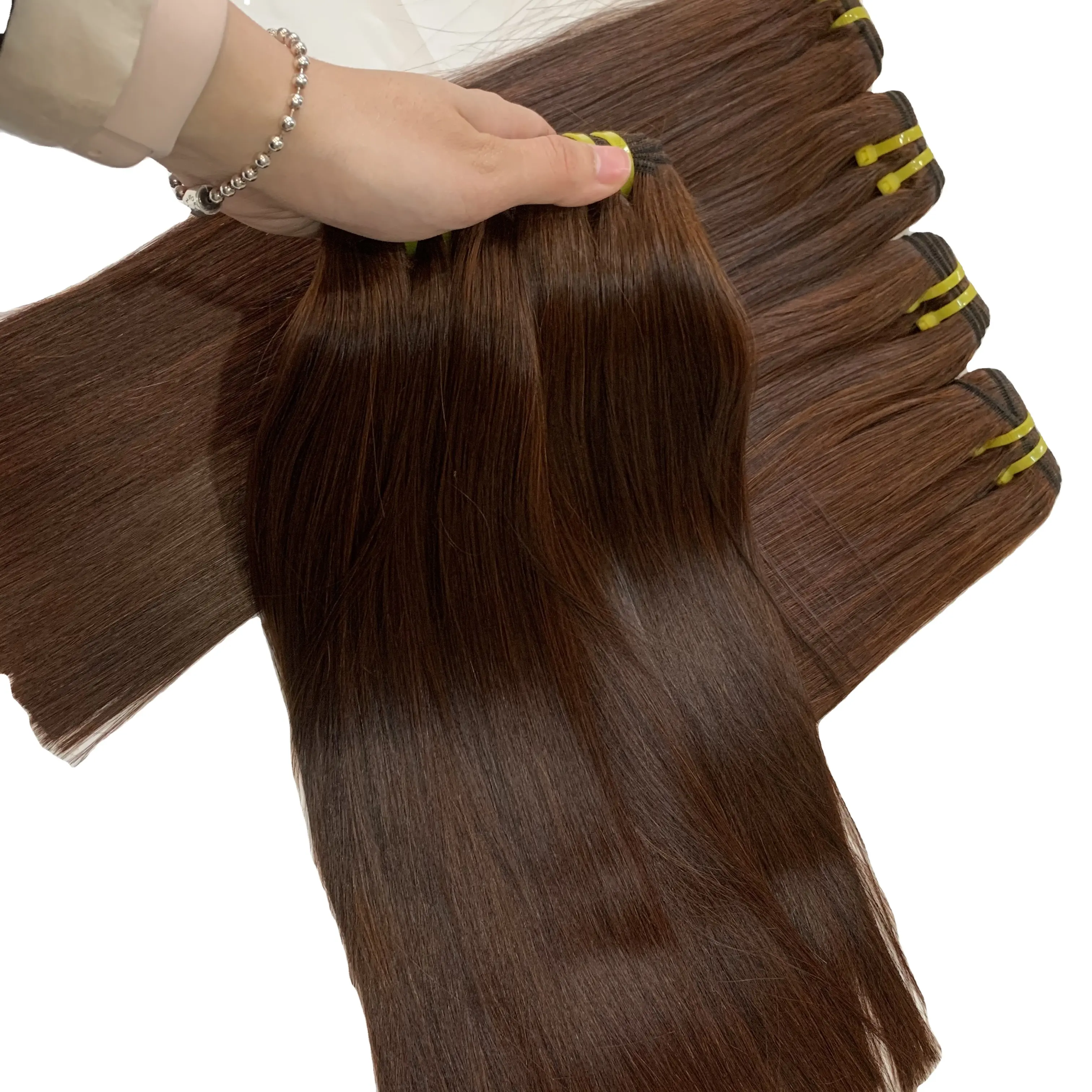 हाथ से बंधे हुए वेफ्ट उच्च गुणवत्ता वाले यूरोपीय बालों का विस्तार, वाइटनम हेयर ग्रेड 9a हड्डी सीधे नारंगी रंग