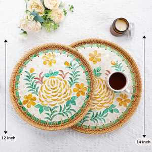 Bandeja de Servicio de Ratán con Detalles de Nácar, Decoración para Mesa de Centro, Bandejas Redondas Tejidas de Alta Calidad Estilo Boho - Product Image 2