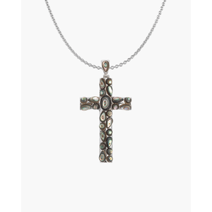 Rhodium Plated Stainless Steel Christian <b>Cross</b> <b>Pendant</b> with Diamond and Pearl Accents - Product Image 1