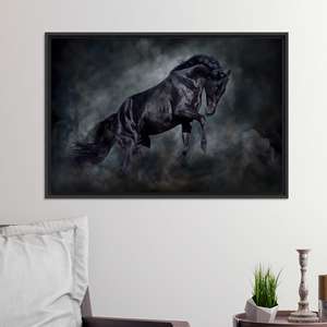 Tableau sur toile Cheval Noir : Impression équestre spectaculaire pour décoration rustique, TOILE ENCADRÉE NOIRE - Product Image 1