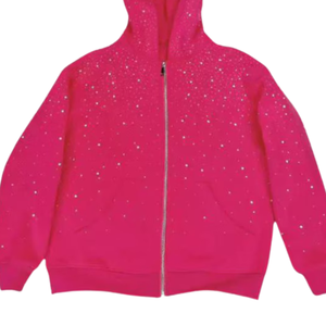 Hot Pink <b>Rhinestone</b> Zip Hoodie Sparkle Crystal Oversized Streetwear Heavy Cotton Customized Fashion Casual Autumn <b>Jacket</b> - Product Image 4