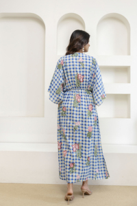 Vestido Maxi Estampado Floral Verde con Cuello en V y Manga 3/4, Ajuste Holgado, Estilo Bohemio Casual de Verano para Mujer, Lavable Digitalmente, Cintura Natural - Product Image 3