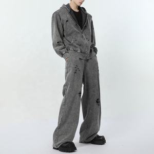 ชุดวอร์มมีฮู้ดสำหรับผู้ชายชุดวอร์มมีฮู้ดแบบซิปรูดแบบกำหนดเองชุดวินเทจสำหรับผู้ชายซักกรด - Product Image 5