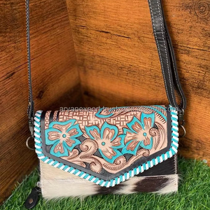 Nueva funda de teléfono de embrague de cuero tallado a mano, elegante cartera turquesa de cuero de vaca para mujer, Mini bolsos de cuero genuino - Product Image 3