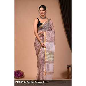 <b>Spaghetti</b> <b>Strap</b> Block Print Kota Dorriya Saree with Hand Drawn Printing - Product Image 1