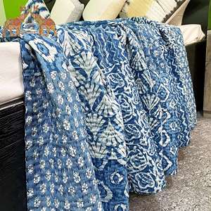 High Quality Cotton <b>King</b> <b>Size</b> Kantha Bedcover Hand Block Print Patchwork Indigo <b>Quilt</b> Coverlet for Home Use - Product Image 5