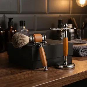 Professional Stainless Steel Shaving Grooming <b>Set</b> with Wooden Handle Brush and <b>Razor</b> Stand for Shaving Convenience - Product Image 2