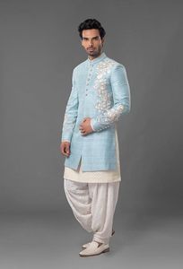 NEW ZARI EMBROIDERY on SKY BLUE SHERWANI ,KURTA WITH SALWAR DRESS & ALSO MATCHING SHOE WITH DRESS for PARTY-WEAR/WEDDING @ 2023 - Product Image 2