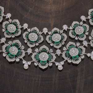 Zircon Crystal Flower Shape Short Women's Wedding <b>Necklace</b> with Green <b>Ruby</b> Stones Rodium Polish and Claw Setting 178394 - Product Image 5