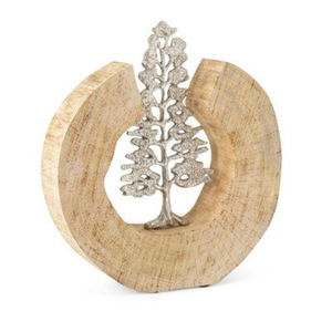 <b>Modern</b> Mango Wood & Aluminum Deer And <b>Christmas</b> <b>Tree</b> Tabletop Decor Silver Reindeer Figurine & Wooden Circle For Home Decoration - Product Image 4