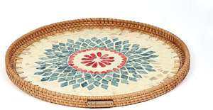 Bandeja redonda de ratán de mimbre lista para enviar, artículos de cocina con Incrustaciones de nácar, bandeja para servir al por mayor de INDIA BY HF CRAFTS - Product Image 3