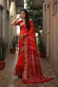 New Soft Bandhej Silk Sari with Zari Weaving Border and Pallu Beautiful Design for Women - Product Image 5