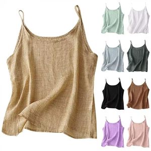 Camisole en coton et lin pour femme, couleur unie, sans manches, antibactérienne, brodée, respirante, décontractée, pour l'été - Product Image 1